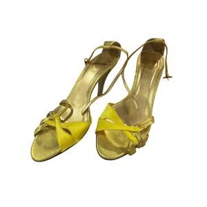 J. Crew Women’s Yellow Satin and Gold Leather Sandal Kitten Heel Made in Italy